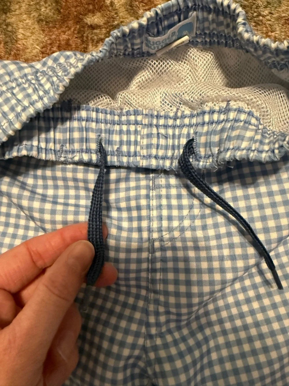 Kids Light Blue Gingham Swim Trunks with Elastic Waist